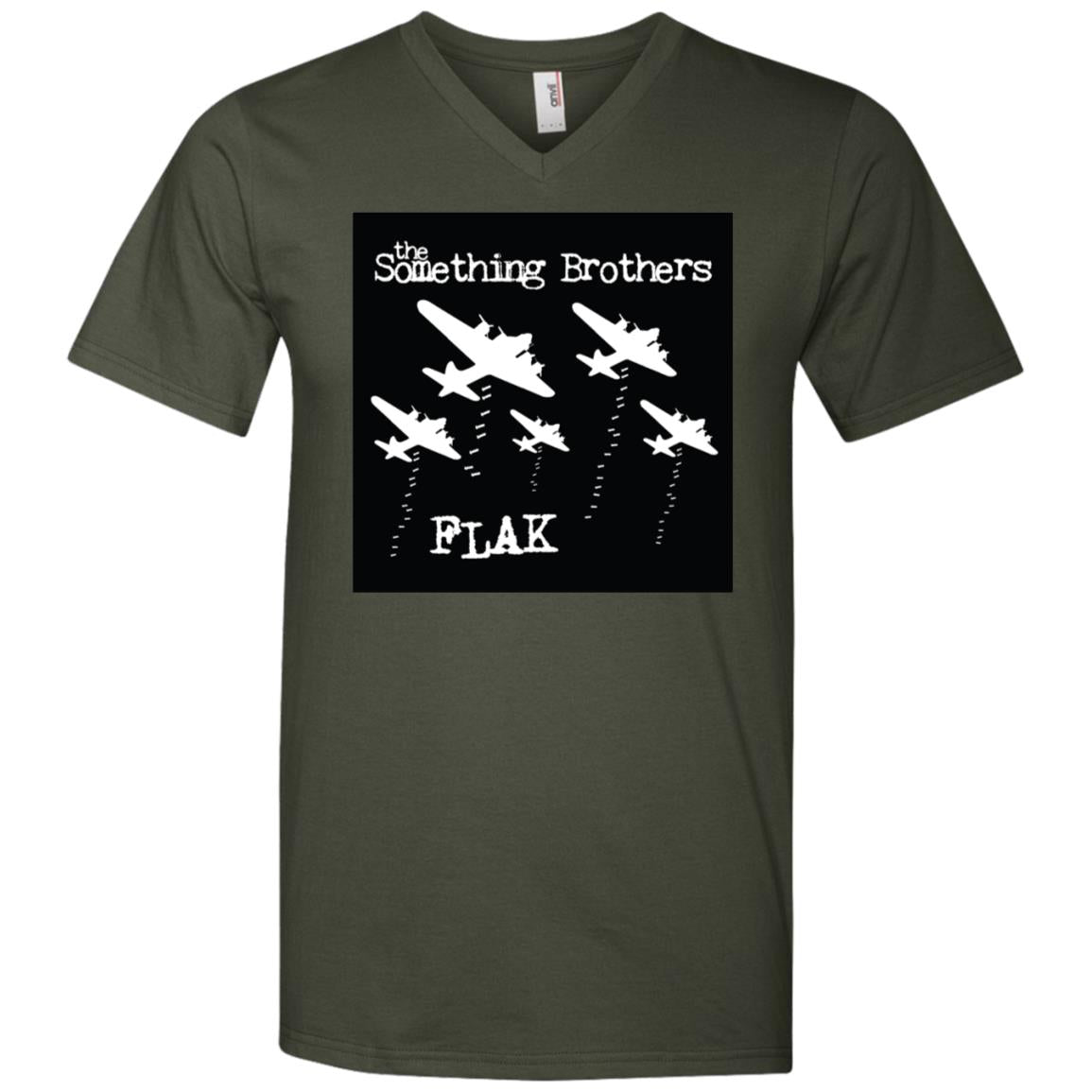 The Something Brothers FLAK Bombers Men's Printed V-Neck T-Shirt - White over Black Background